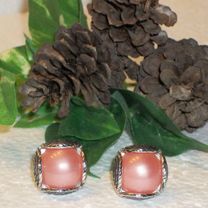 Unisex Silver Pink Cabochon Center Cuff Links